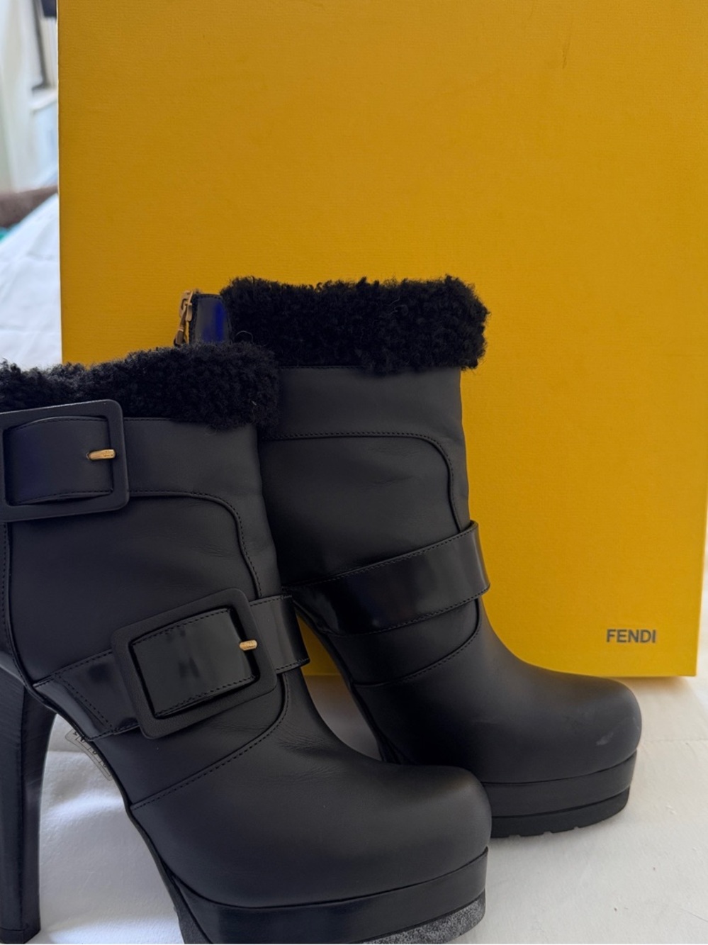 Fendi Black Shearling Trim High-Heel Ankle Boots